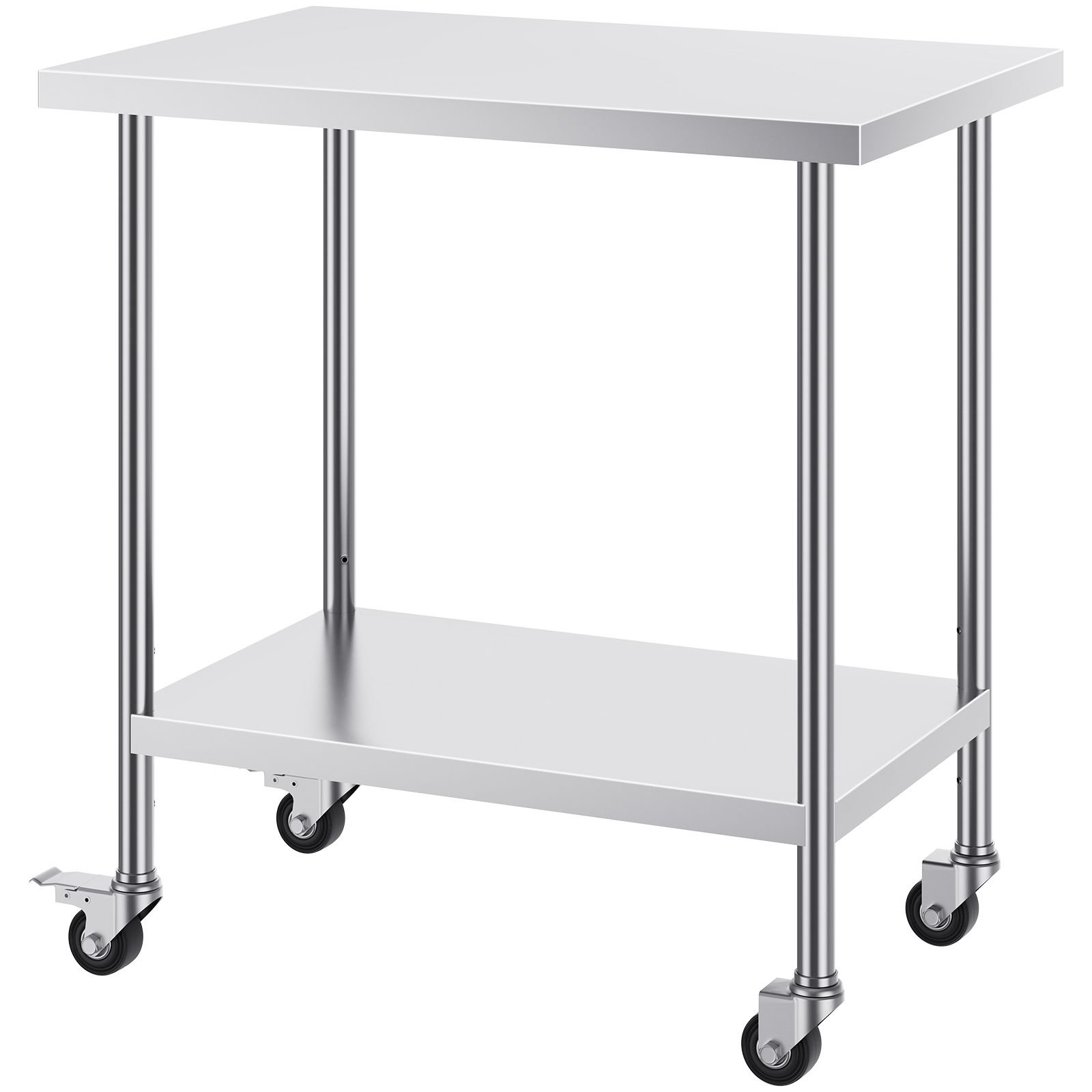 stainless steel work table 24 x 36 x 38 inch, with 4 wheels, 3 adjustable height levels, heavy duty food prep worktable for commercial kitchen restaurant, silver