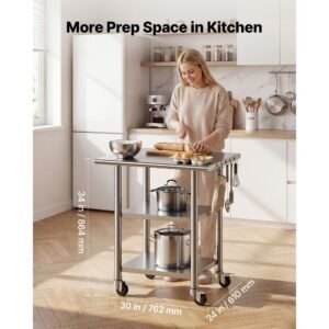 stainless steel work table, 24x30 inch food prep table with 2 shelves and wheels, commercial kitchen workstation, metal heavy duty utility worktable, for restaurant home hotel garage outdoor