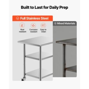 stainless steel work table, 24x30 inch food prep table with 2 shelves and wheels, commercial kitchen workstation, metal heavy duty utility worktable, for restaurant home hotel garage outdoor