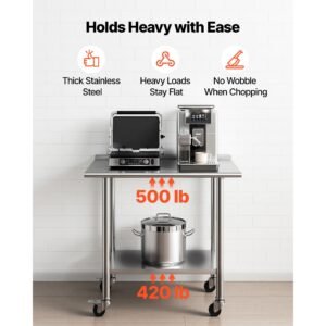 stainless steel work table, 24x36 inch food prep table with wheels and backsplash, commercial kitchen workstation with adjustable undershelf, metal utility worktable, for restaurant home outdoor