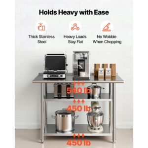 stainless steel work table, 24x48 inch food prep table with 2 shelves and backsplash, commercial kitchen workstation, metal heavy duty utility worktable, for restaurant home hotel garage outdoor