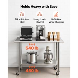 stainless steel work table, 24x48 inch food prep table with wheels, commercial kitchen workstation with adjustable undershelf, metal heavy duty utility worktable, for restaurant home outdoor