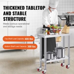 stainless steel work table 30 x 12 x 34 inch, 700 lbs load capacity with 4 wheels, 3 adjustable height levels, heavy duty food prep worktable for commercial kitchen restaurant, silver