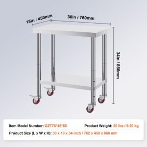 stainless steel work table 30 x 18 x 34 inch, 700 lbs load capacity with 4 wheels, 3 adjustable height levels, heavy duty food prep worktable for commercial kitchen restaurant, silver