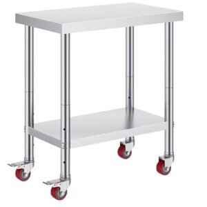 stainless steel work table 30 x 18 x 34 inch, 700 lbs load capacity with 4 wheels, 3 adjustable height levels, heavy duty food prep worktable for commercial kitchen restaurant, silver