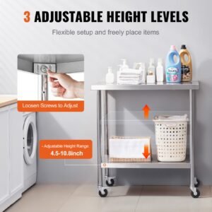 stainless steel work table 30 x 18 x 38 inch, with 4 wheels, 3 adjustable height levels, heavy duty food prep worktable for commercial kitchen restaurant, silver