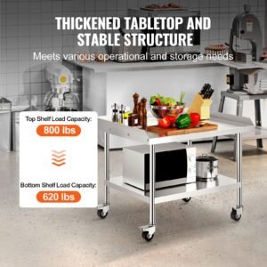 stainless steel work table, 30 x 36 x 30 inch commercial food prep worktable with 4 wheels, casters, 3 sided backsplash heavy duty prep worktable, metal work table for restaurant home hotel