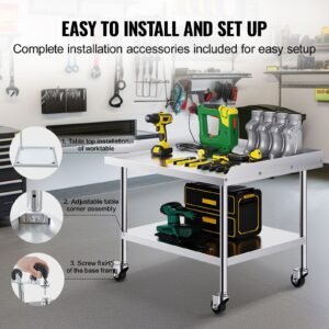stainless steel work table, 30 x 36 x 30 inch commercial food prep worktable with 4 wheels, casters, 3 sided backsplash heavy duty prep worktable, metal work table for restaurant home hotel