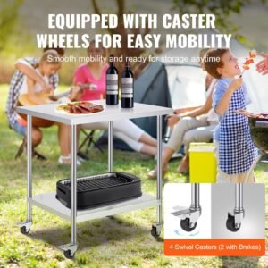 stainless steel work table 30 x 36 x 38 inch, with 4 wheels, 3 adjustable height levels, heavy duty food prep worktable for commercial kitchen restaurant, silver