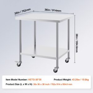 stainless steel work table 30 x 36 x 38 inch, with 4 wheels, 3 adjustable height levels, heavy duty food prep worktable for commercial kitchen restaurant, silver