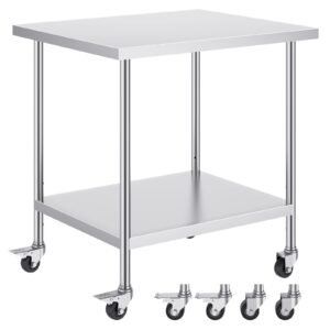 stainless steel work table 30 x 36 x 38 inch, with 4 wheels, 3 adjustable height levels, heavy duty food prep worktable for commercial kitchen restaurant, silver