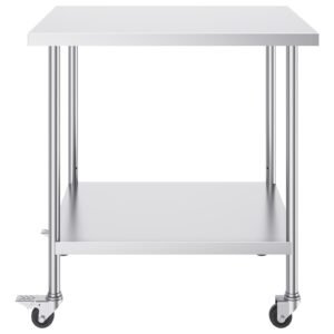 stainless steel work table 30 x 36 x 38 inch, with 4 wheels, 3 adjustable height levels, heavy duty food prep worktable for commercial kitchen restaurant, silver