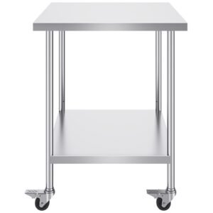 stainless steel work table 30 x 36 x 38 inch, with 4 wheels, 3 adjustable height levels, heavy duty food prep worktable for commercial kitchen restaurant, silver