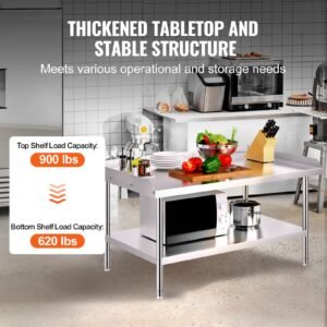 stainless steel work table, 30 x 48 x 26 inch commercial food prep worktable, 3 sided backsplash heavy duty prep worktable, metal work table with adjustable height for restaurant home hotel