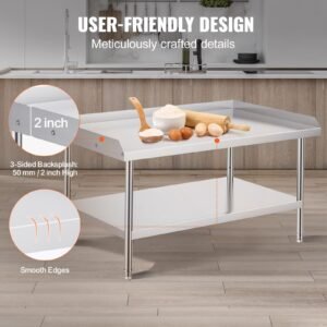 stainless steel work table, 30 x 48 x 26 inch commercial food prep worktable, 3 sided backsplash heavy duty prep worktable, metal work table with adjustable height for restaurant home hotel