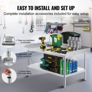 stainless steel work table, 30 x 48 x 26 inch commercial food prep worktable, 3 sided backsplash heavy duty prep worktable, metal work table with adjustable height for restaurant home hotel