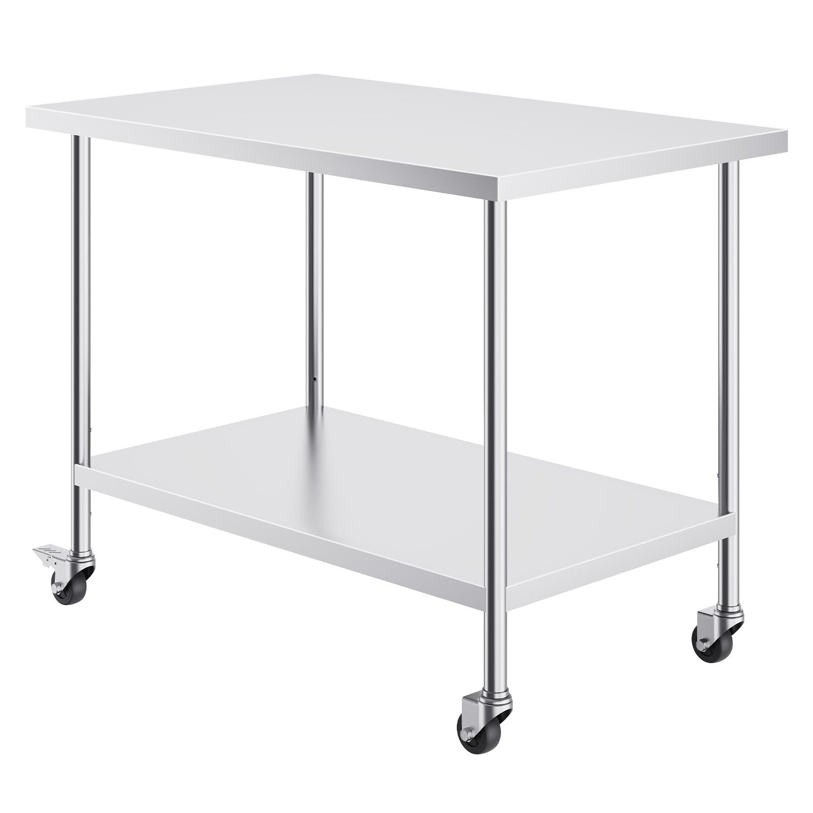 stainless steel work table 30 x 48 x 38 inch, with 4 wheels, 3 adjustable height levels, heavy duty food prep worktable for commercial kitchen restaurant, silver