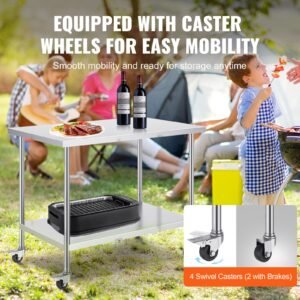 stainless steel work table 30 x 48 x 38 inch, with 4 wheels, 3 adjustable height levels, heavy duty food prep worktable for commercial kitchen restaurant, silver