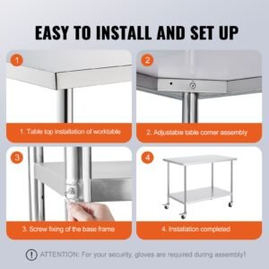 stainless steel work table 30 x 48 x 38 inch, with 4 wheels, 3 adjustable height levels, heavy duty food prep worktable for commercial kitchen restaurant, silver