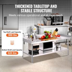 stainless steel work table, 30 x 60 x 26 inch commercial food prep worktable, 3 sided backsplash heavy duty prep worktable, metal work table for restaurant home hotel