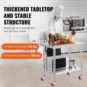 stainless steel work table 35 x 24 x 33 inch, 700 lbs load capacity with 4 wheels, 3 adjustable height levels, heavy duty food prep worktable for commercial kitchen restaurant, silver