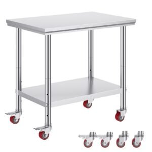 Stainless Steel Work Table 35 x 24 x 33 Inch, 300 LBS Load Capacity with 4 Wheels, 3 Adjustable Height Levels, Heavy Duty Food Prep Worktable for Commercial Kitchen Restaurant, Silver