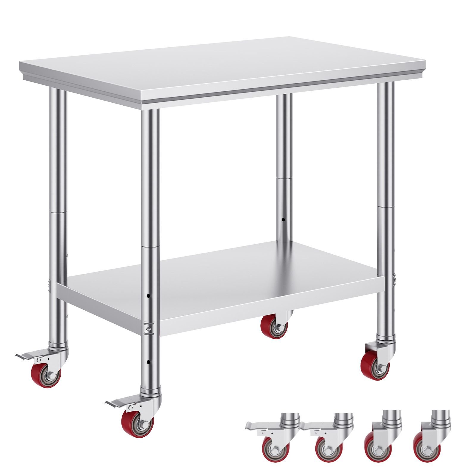 stainless steel work table 35 x 24 x 33 inch, 700 lbs load capacity with 4 wheels, 3 adjustable height levels, heavy duty food prep worktable for commercial kitchen restaurant, silver