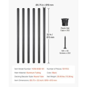 staircase balusters 101 pack, 32 in aluminum stair balusters, 3/4 in water proof round metal spindle railing, hollow deck railing with rail caps & screws for stairs, porch, patio, fence, black