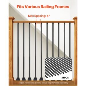 staircase balusters 31 pack, 44 inch durable carbon steel stair balusters, 0.5 inch indoor square metal spindle railing, corrosion proof hollow deck railing with pre drilled holes, matte black