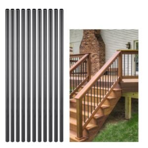 staircase balusters 51 pack, 26 in aluminum stair balusters, 3/4 in water proof round metal spindle railing, hollow deck railing with rail caps & screws for stairs, porch, patio, fence, black