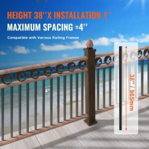 staircase metal balusters, 38'' x 1'' flat aluminum alloy decorative banister spindles, 72 pack deck baluster with screws, classic hollow deck railing satin black powder coated for porch