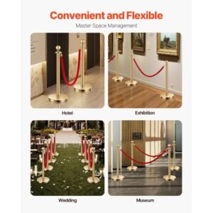 stanchions and velvet ropes 4pcs, hollow base with stainless steel post, 2 red velvet ropes and posts, crowd control barriers gold stanchions, red carpet runner poles for party supplies
