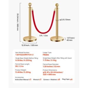 stanchions and velvet ropes 4pcs, hollow base with stainless steel post, 2 red velvet ropes and posts, crowd control barriers gold stanchions, red carpet runner poles for party supplies