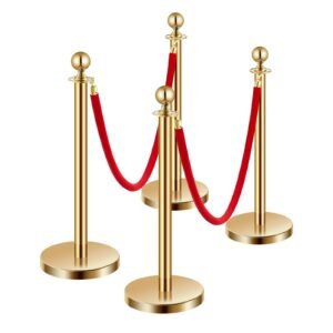 stanchions and velvet ropes 4pcs, hollow base with stainless steel post, 2 red velvet ropes and posts, crowd control barriers gold stanchions, red carpet runner poles for party supplies
