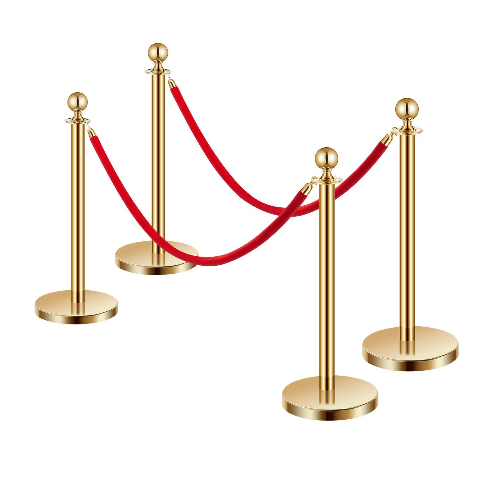 stanchions and velvet ropes 4pcs, hollow base with stainless steel post, 2 red velvet ropes and posts, crowd control barriers gold stanchions, red carpet runner poles for party supplies