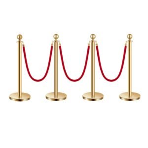 stanchions and velvet ropes 4pcs, hollow base with stainless steel post, 3 red velvet ropes and posts, crowd control barriers gold stanchions, red carpet runner poles for party supplies