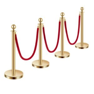 stanchions and velvet ropes 4pcs, hollow base with stainless steel post, 3 red velvet ropes and posts, crowd control barriers gold stanchions, red carpet runner poles for party supplies