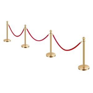 stanchions and velvet ropes 4pcs, hollow base with stainless steel post, 3 red velvet ropes and posts, crowd control barriers gold stanchions, red carpet runner poles for party supplies