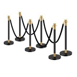 Stanchions and Velvet Ropes, 6 Pcs Crowd Control Barriers with 4 Black Velvet Ropes, Stainless Steel Stanchion Post Queue with Sand Injection Hollow Base for Theater, Wedding, Party Supplies