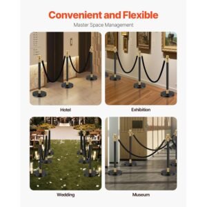 stanchions and velvet ropes, 6 pcs crowd control barriers with 4 black velvet ropes, stainless steel stanchion post queue with sand injection hollow base for theater, wedding, party supplies