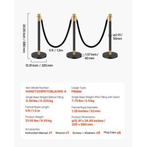 stanchions and velvet ropes, 6 pcs crowd control barriers with 4 black velvet ropes, stainless steel stanchion post queue with sand injection hollow base for theater, wedding, party supplies