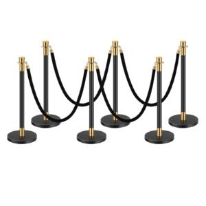 stanchions and velvet ropes, 6 pcs crowd control barriers with 4 black velvet ropes, stainless steel stanchion post queue with sand injection hollow base for theater, wedding, party supplies