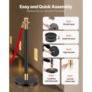 stanchions and velvet ropes, 6 pcs crowd control barriers with 4 red velvet ropes, stainless steel stanchion post queue with sand injection hollow base for theater, wedding, party supplies