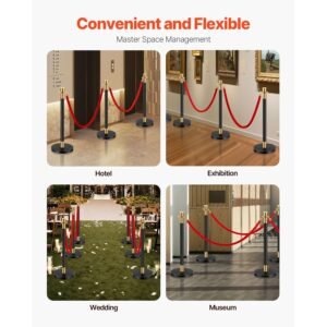 stanchions and velvet ropes, 6 pcs crowd control barriers with 4 red velvet ropes, stainless steel stanchion post queue with sand injection hollow base for theater, wedding, party supplies