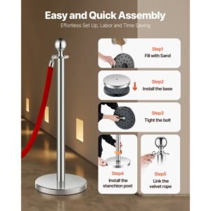 stanchions and velvet ropes 6pcs, hollow base with stainless steel post, 3 red velvet ropes and posts, crowd control barriers silver stanchions, red carpet runner poles for party supplies
