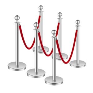 Stanchions and Velvet Ropes 6Pcs, Hollow Base with Stainless Steel Post, 3 Red Velvet Ropes and Posts, Crowd Control Barriers Silver Stanchions, Red Carpet Runner Poles for Party Supplies