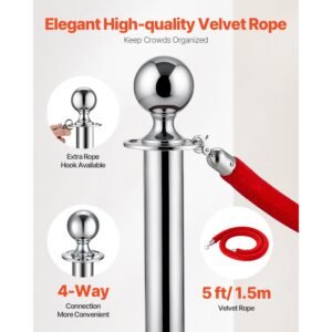 stanchions and velvet ropes 6pcs, hollow base with stainless steel post, 3 red velvet ropes and posts, crowd control barriers silver stanchions, red carpet runner poles for party supplies