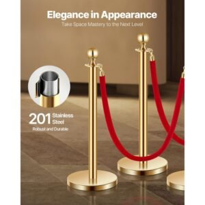 stanchions and velvet ropes 6pcs, hollow base with stainless steel post, 4 red velvet ropes and posts, crowd control barriers gold stanchions, red carpet runner poles for party supplies