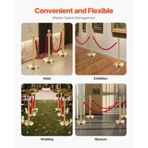 stanchions and velvet ropes 6pcs, hollow base with stainless steel post, 4 red velvet ropes and posts, crowd control barriers gold stanchions, red carpet runner poles for party supplies