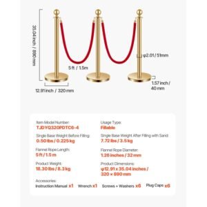 stanchions and velvet ropes 6pcs, hollow base with stainless steel post, 4 red velvet ropes and posts, crowd control barriers gold stanchions, red carpet runner poles for party supplies